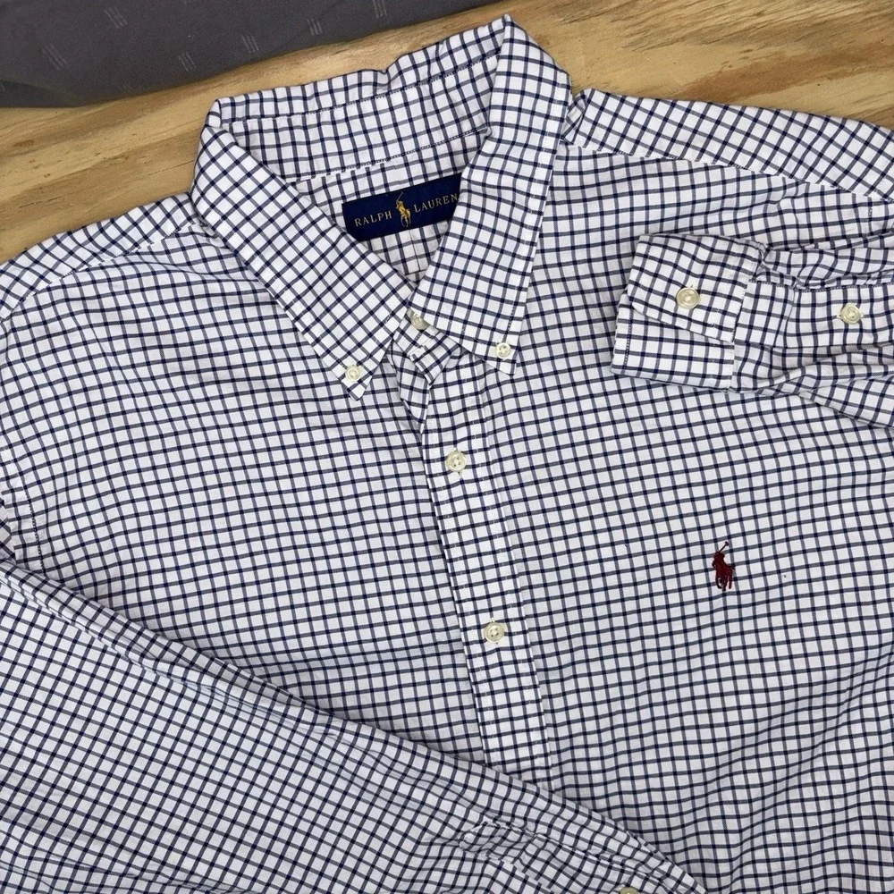 Polo Ralph Lauren Button Down Mens XXL‎ 2XL White Blue Plaid Check Long Sleeve
